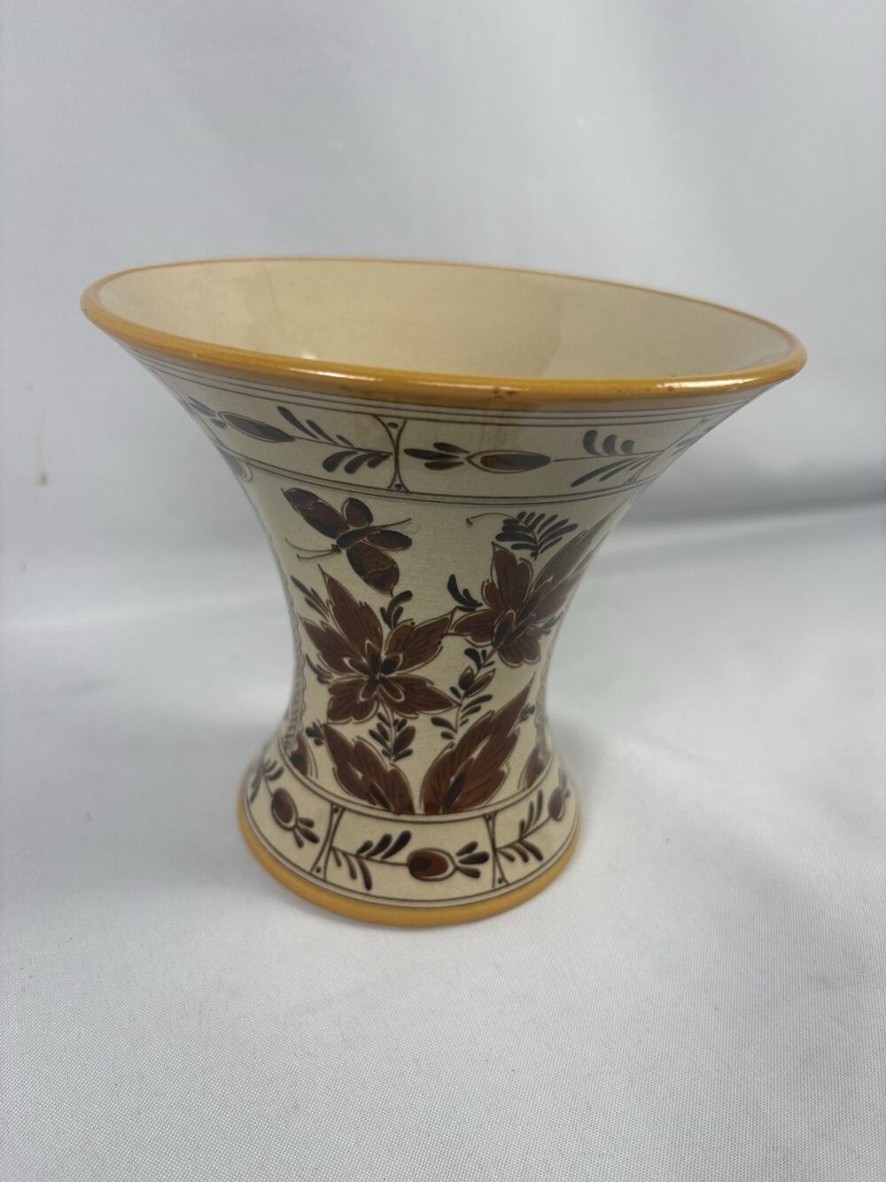 Vintage Gouda Holland Dutch Brown 3417 Hand Painted Pottery Vase Floral 6”